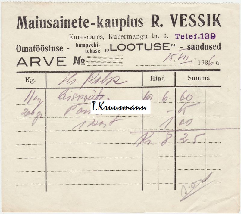 R_Vessik_Lootus_Kuressaares_arve_1936