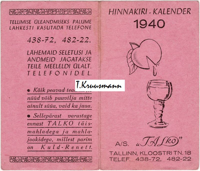 Talko_Tallinn_Hinnakiri-kalender_1940_A